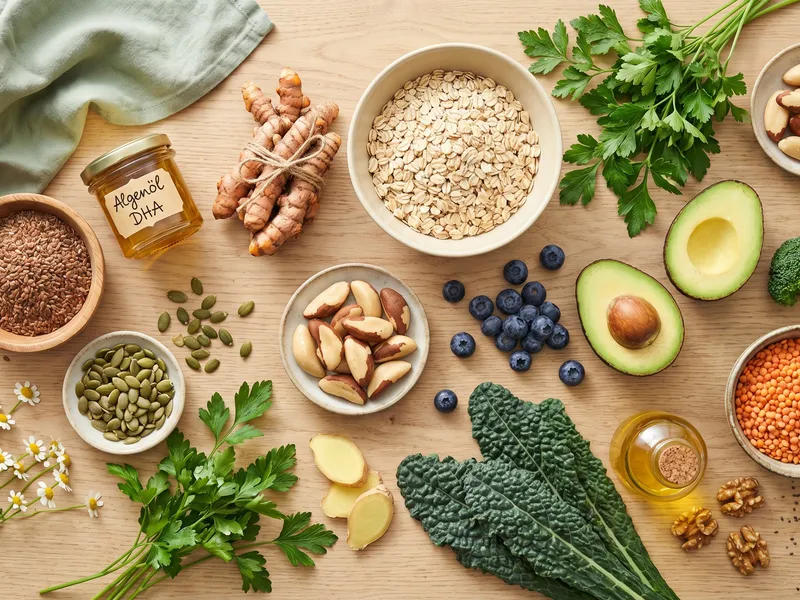 Flatlay pflanzlicher Lebensmittel für gesunde Haut — Leinsamen, Algenöl, Kurkuma, Hafer, Kürbiskerne, Paranüsse, Heidelbeeren, Avocado, Brokkoli, Linsen und Grünkohl