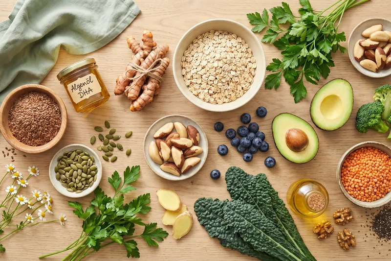 Flatlay pflanzlicher Lebensmittel für gesunde Haut — Leinsamen, Algenöl, Kurkuma, Hafer, Kürbiskerne, Paranüsse, Heidelbeeren, Avocado, Brokkoli, Linsen und Grünkohl