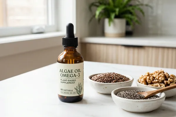 Algenöl-Flasche neben Walnüssen, Leinsamen und Chiasamen auf heller Oberfläche