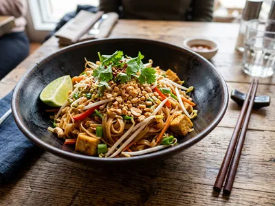 Veganes Pad Thai mit Reisnudeln, Tofu und Erdnüssen in dunkler Schüssel