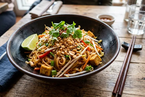 Veganes Pad Thai mit Reisnudeln, Tofu und Erdnüssen in dunkler Schüssel
