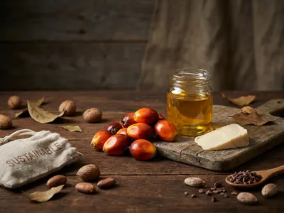 Ölpalmenfrüchte mit leuchtend orange-roter Schale liegen neben einem Glas goldenem Palmöl auf einem dunklen Holztisch, daneben eine angeschnittene vegane Margarine in moodiger Stillleben-Beleuchtung
