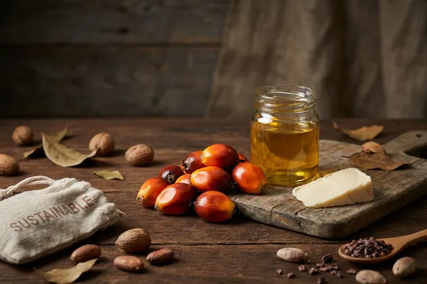 Ölpalmenfrüchte mit leuchtend orange-roter Schale liegen neben einem Glas goldenem Palmöl auf einem dunklen Holztisch, daneben eine angeschnittene vegane Margarine in moodiger Stillleben-Beleuchtung