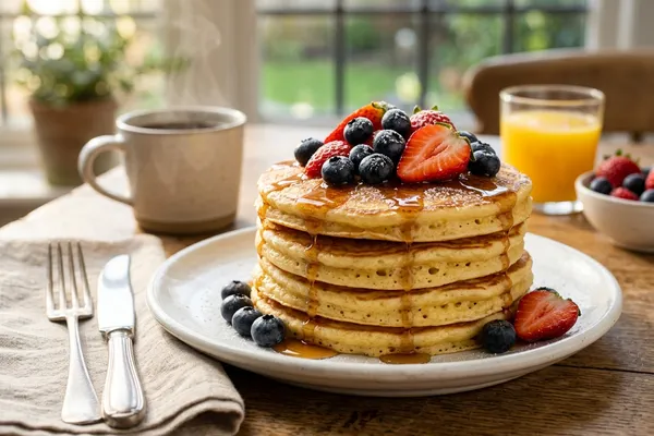 Gestapelte vegane Pancakes mit Ahornsirup und Beeren