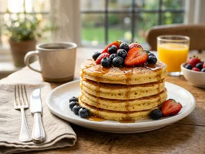 Gestapelte vegane Pancakes mit Ahornsirup und Beeren