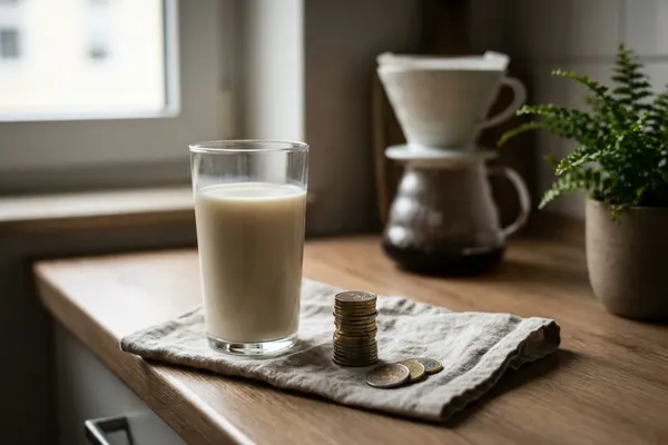 Ein Glas Hafermilch neben gestapelten Euro-Münzen auf einer Küchentheke — Symbolbild für die höhere Besteuerung pflanzlicher Drinks