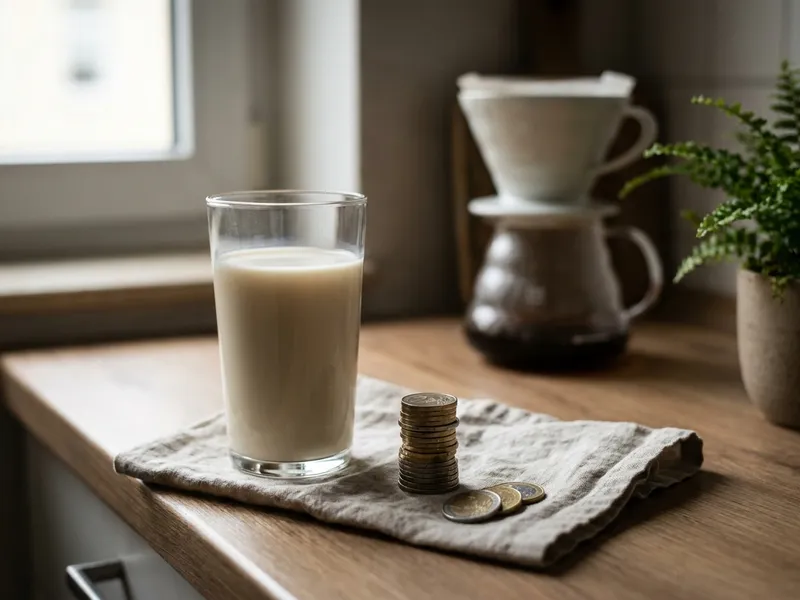 Ein Glas Hafermilch neben gestapelten Euro-Münzen auf einer Küchentheke — Symbolbild für die höhere Besteuerung pflanzlicher Drinks