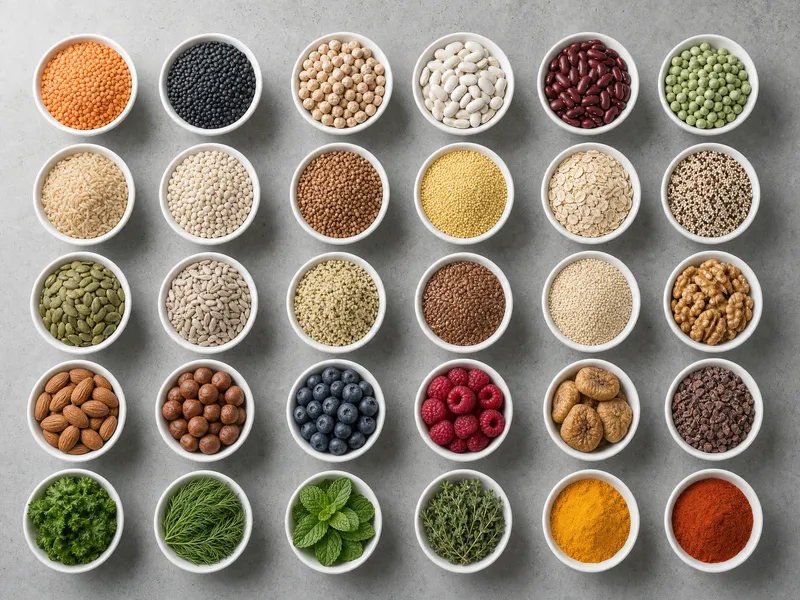 30 kleine weiße Schälchen in einem Raster auf grauem Beton, gefüllt mit verschiedenen Hülsenfrüchten, Getreidesorten, Saaten, Nüssen, Beeren, frischen Kräutern und Gewürzen
