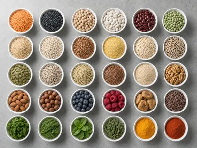 30 kleine weiße Schälchen in einem Raster auf grauem Beton, gefüllt mit verschiedenen Hülsenfrüchten, Getreidesorten, Saaten, Nüssen, Beeren, frischen Kräutern und Gewürzen