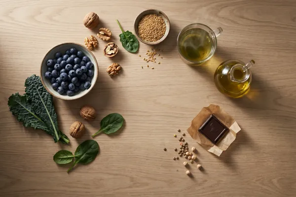 Ruhiges Flat-Lay auf hellem Holz: Heidelbeeren, Walnüsse, frischer Grünkohl, Leinsamen, eine Tasse grüner Tee und ein Glas Olivenöl – pflanzliche Lebensmittel, die in Studien mit Gehirngesundheit in Verbindung gebracht werden