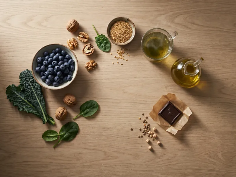 Ruhiges Flat-Lay auf hellem Holz: Heidelbeeren, Walnüsse, frischer Grünkohl, Leinsamen, eine Tasse grüner Tee und ein Glas Olivenöl – pflanzliche Lebensmittel, die in Studien mit Gehirngesundheit in Verbindung gebracht werden