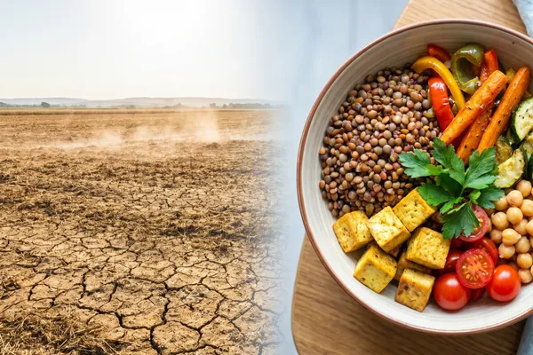 Ausgedörrtes Feld in praller Sonne geht über in einen Teller mit Linsen, frischem Gemüse und Tofu