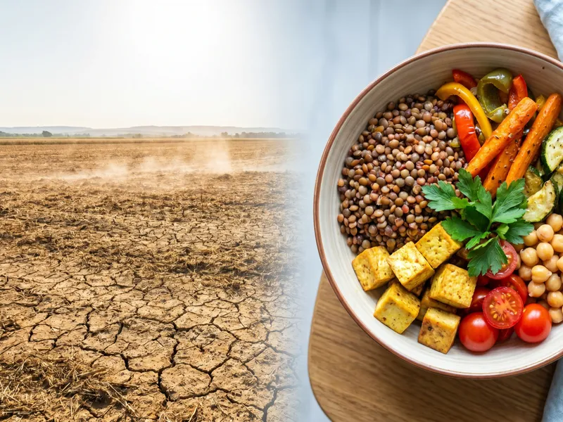 Ausgedörrtes Feld in praller Sonne geht über in einen Teller mit Linsen, frischem Gemüse und Tofu