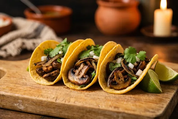 Drei gefüllte Mais-Tortillas mit gebratenen Pilzen, Zwiebeln, frischem Koriander und Limettenspalten auf einem Holzbrett, von der Seite aufgenommen