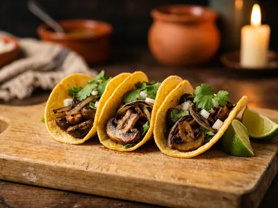 Drei gefüllte Mais-Tortillas mit gebratenen Pilzen, Zwiebeln, frischem Koriander und Limettenspalten auf einem Holzbrett, von der Seite aufgenommen