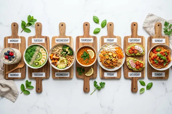 Sieben verschiedene pflanzliche Mahlzeiten auf Holzbrettchen — ein Wochenplan der Planetary Health Diet