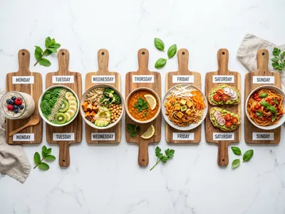 Sieben verschiedene pflanzliche Mahlzeiten auf Holzbrettchen — ein Wochenplan der Planetary Health Diet