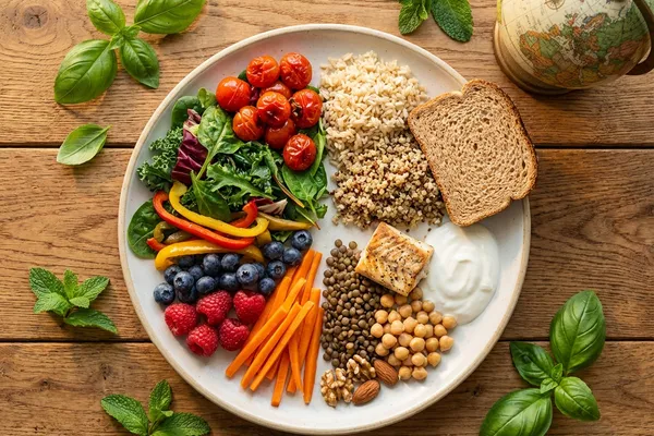 Teller mit der Planetary Health Diet — buntes Gemüse, Vollkorn, Hülsenfrüchte und Nüsse auf einem Holztisch