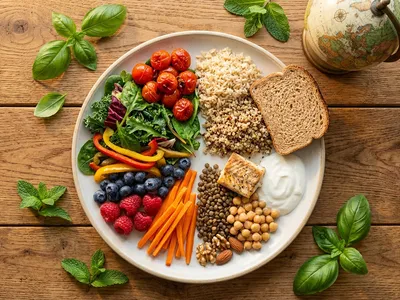 Teller mit der Planetary Health Diet — buntes Gemüse, Vollkorn, Hülsenfrüchte und Nüsse auf einem Holztisch