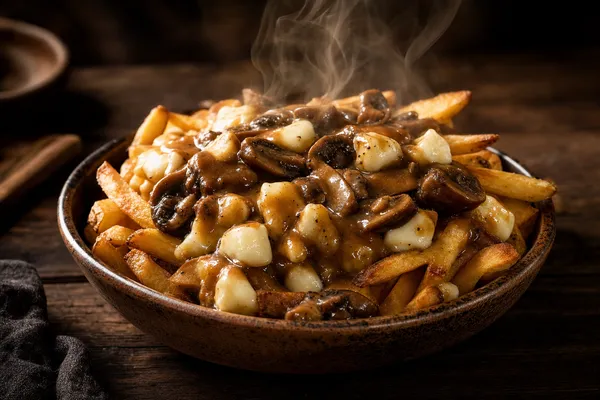 Eine Schale knuspriger Pommes, übergossen mit glänzend dunkelbrauner Bratensauce und durchsetzt von hellen, leicht geschmolzenen Käsestücken, dampfend auf einem dunklen Holztisch