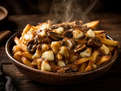 Eine Schale knuspriger Pommes, übergossen mit glänzend dunkelbrauner Bratensauce und durchsetzt von hellen, leicht geschmolzenen Käsestücken, dampfend auf einem dunklen Holztisch
