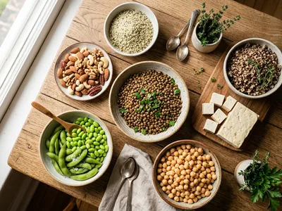 Verschiedene pflanzliche Proteinquellen auf einem Holztisch