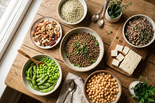Verschiedene pflanzliche Proteinquellen auf einem Holztisch