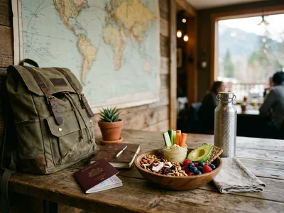 Reisender mit pflanzlichem Snack und Landkarte