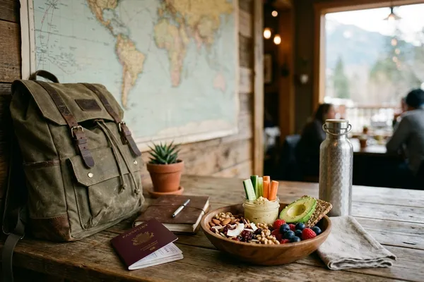 Reisender mit pflanzlichem Snack und Landkarte
