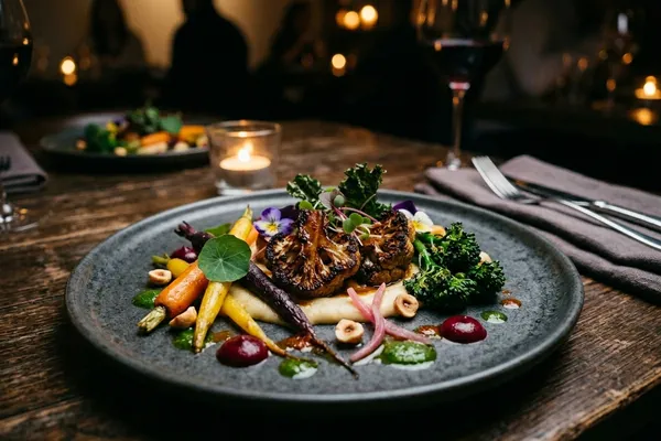 Elegant angerichteter veganer Teller in einem stilvollen Restaurant mit stimmungsvoller Beleuchtung
