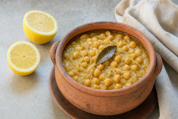 Tönerner Schmortopf mit griechischer Revithada: cremige, goldgelb geschmorte Kichererbsen mit weichen Zwiebeln und Lorbeerblatt, daneben Zitronenhälften auf hellem Steintisch