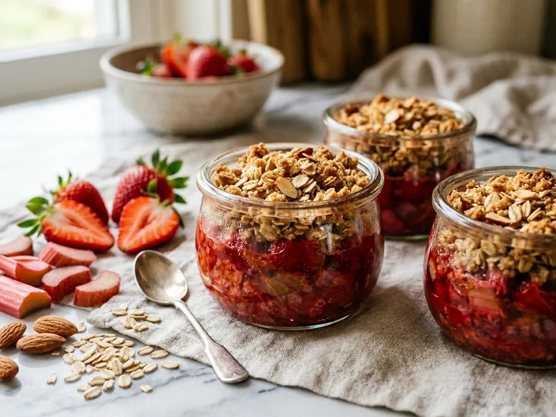 Rhabarber-Erdbeer-Crumble in kleinen Gläsern: rotes Fruchtkompott unter goldbraunen Hafer-Mandel-Streuseln, daneben frische Erdbeeren