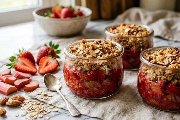 Rhabarber-Erdbeer-Crumble in kleinen Gläsern: rotes Fruchtkompott unter goldbraunen Hafer-Mandel-Streuseln, daneben frische Erdbeeren