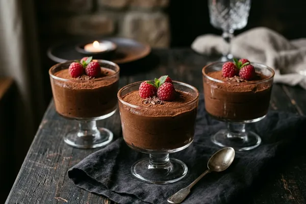 Vegane Schokoladenmousse in eleganten Glasschälchen mit Himbeeren