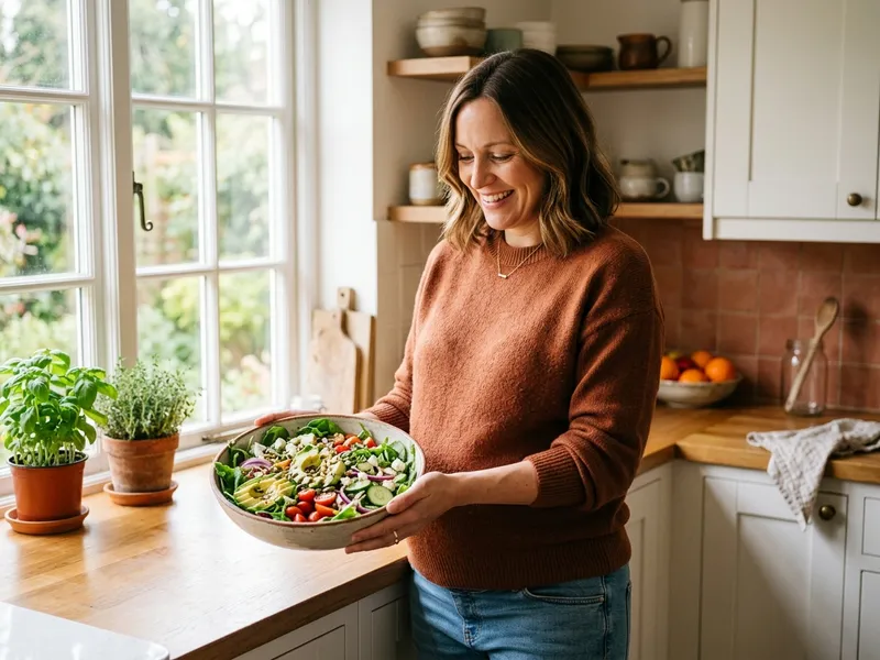 Schwangere Frau mit einer Schüssel buntem Salat