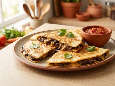 Gestapelte, in Viertel geschnittene Quesadilla-Ecken mit schwarzer Bohnenfüllung auf einem Teller, eine Hälfte aufgeklappt mit geschmolzenem veganem Käse, warmes Seitenlicht