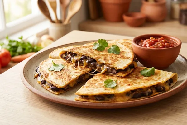 Gestapelte, in Viertel geschnittene Quesadilla-Ecken mit schwarzer Bohnenfüllung auf einem Teller, eine Hälfte aufgeklappt mit geschmolzenem veganem Käse, warmes Seitenlicht