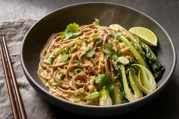 Cremige Seidentofu-Soba-Nudeln in dunkler Schale mit Pak Choi, Sesam, Frühlingszwiebeln und Limette