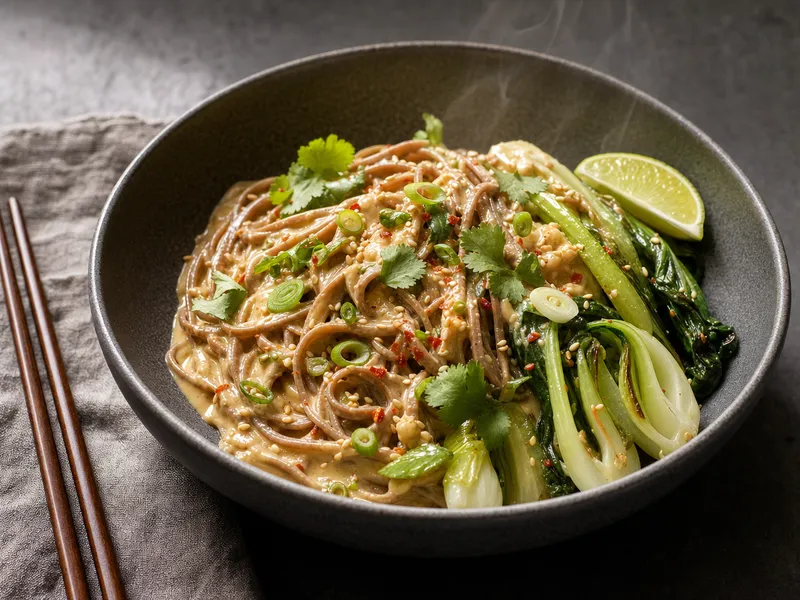 Cremige Seidentofu-Soba-Nudeln in dunkler Schale mit Pak Choi, Sesam, Frühlingszwiebeln und Limette