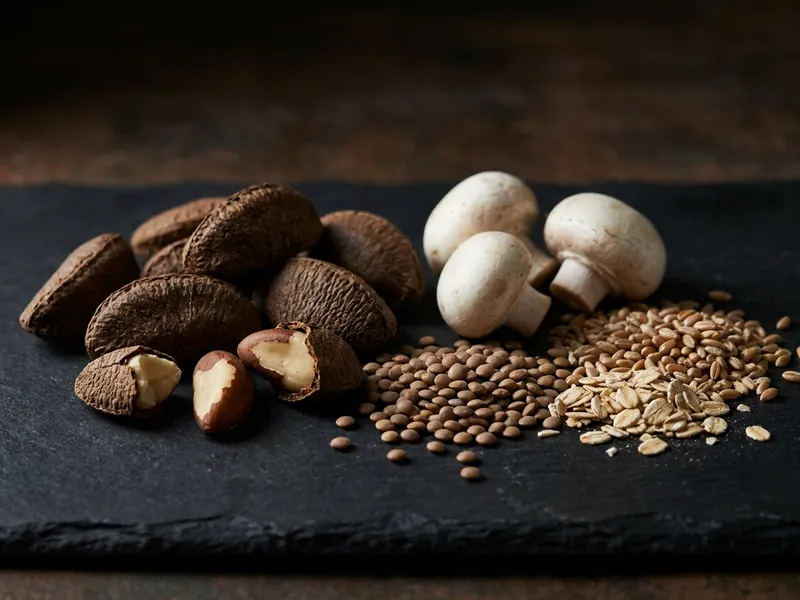 Pflanzliche Selenquellen — aufgebrochene Paranüsse, Champignons, Linsen und Vollkorn auf dunklem Schiefer in moodiger Stillleben-Anordnung