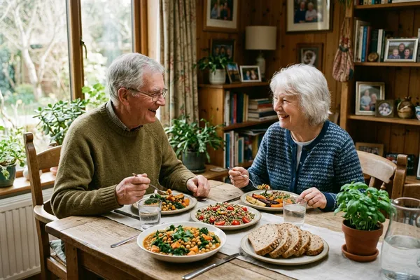 Älteres Paar genießt eine pflanzliche Mahlzeit