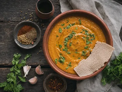 Rustikale Tonschale mit cremigem äthiopischem Shiro aus Kichererbsenmehl, ockerfarben und glänzend, garniert mit frischem Koriander, daneben ein Stück Injera auf dunklem Holztisch