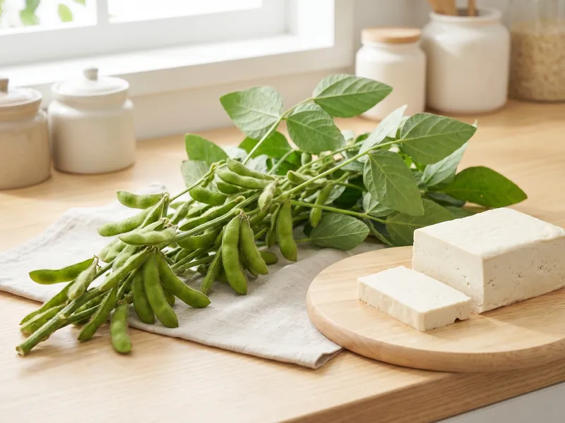 Frischer Sojapflanzen-Zweig mit grünen Hülsen und Blättern liegt auf einem Leinentuch, daneben ein angeschnittenes Stück weißer Tofu auf einem runden Holzbrett in heller Küche