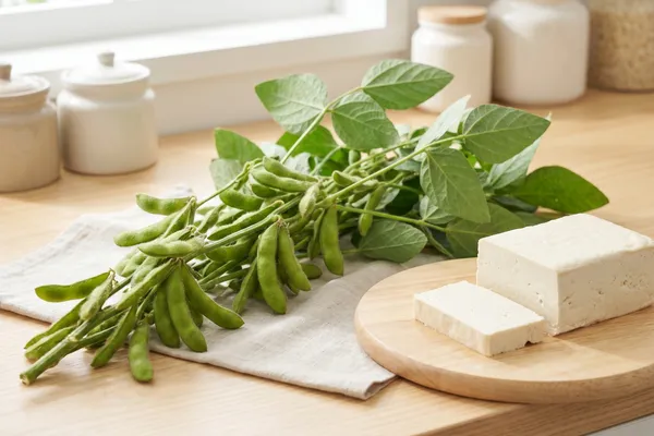 Frischer Sojapflanzen-Zweig mit grünen Hülsen und Blättern liegt auf einem Leinentuch, daneben ein angeschnittenes Stück weißer Tofu auf einem runden Holzbrett in heller Küche