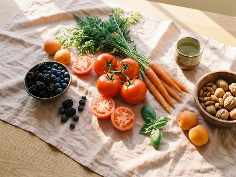 Flat-Lay mit Tomaten an der Rispe, Karotten, Beeren, Aprikosen, Mandeln und einer Tasse grünem Tee auf einer hellen Leinentischdecke