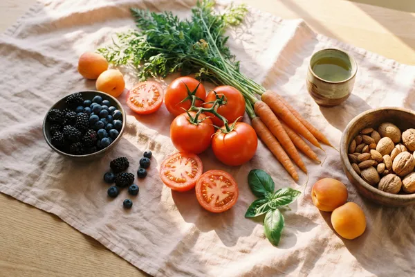Flat-Lay mit Tomaten an der Rispe, Karotten, Beeren, Aprikosen, Mandeln und einer Tasse grünem Tee auf einer hellen Leinentischdecke