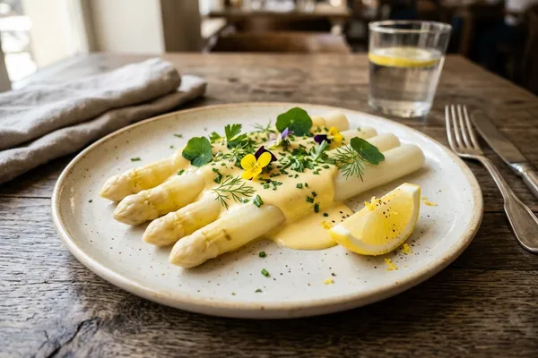 Weißer Spargel mit goldener veganer Sauce Hollandaise und Petersilienkartoffeln auf einem Teller