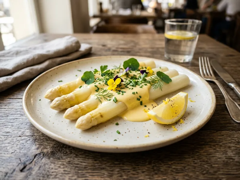 Weißer Spargel mit goldener veganer Sauce Hollandaise und Petersilienkartoffeln auf einem Teller