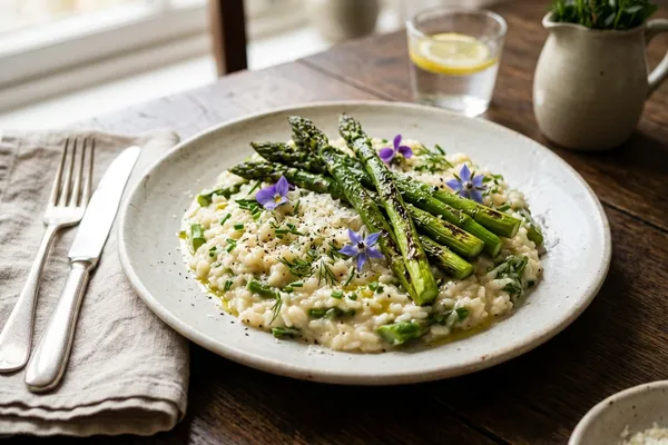 Cremiges Spargelrisotto mit gegrillten Spargelspitzen auf hellem Teller