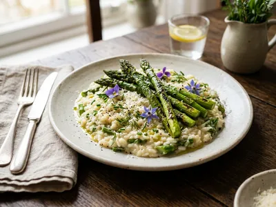 Cremiges Spargelrisotto mit gegrillten Spargelspitzen auf hellem Teller